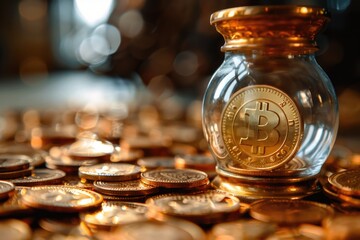 A symbol of cryptocurrency, a single bitcoin enclosed in a glass jar stands on a bed of coins reflecting innovation and digital economy - obrazy, fototapety, plakaty