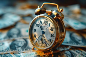 The focus on a classic golden alarm clock over blurred dollars suggests the significance of timely financial decisions and savings