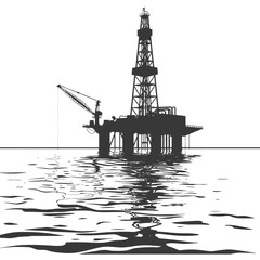 silhouette oil platform or oil derrick in the sea black color only