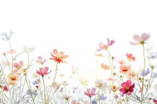 Floral hand-drawn background. Botanical line art wallpaper with flowers and branches. Pastel, watercolor wildflowers texture for greeting card invitations, banners