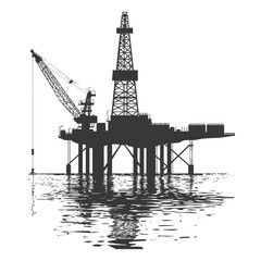 silhouette oil platform or oil derrick in the sea black color only