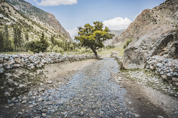Dusty mountain road in a valley among rocks and vegetation in the Fann Mountains in Tajikistan with mountain ranges, road high in the mountains