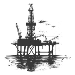 silhouette oil platform or oil derrick in the sea black color only