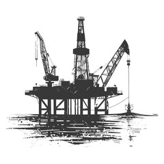 silhouette oil platform or oil derrick in the sea black color only