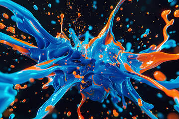 An explosion of neon blue and bright orange in a dynamic, swirling pattern, mimicking the energetic splash of paint on a canvas, with detailed droplets 