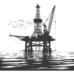 silhouette oil platform or oil derrick in the sea black color only