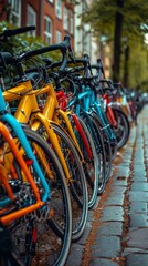 A row of colorful bicycles parked neatly along a city street