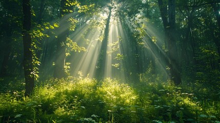 A serene forest with sunlight streaming through the canopy.Professional photographer perspective
