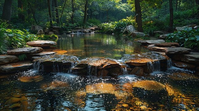 A serene garden with a trickling stream and stone bridges.Professional photographer perspective