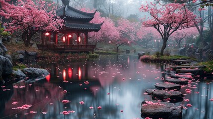 A tranquil garden with blooming cherry blossoms.Professional photographer perspective