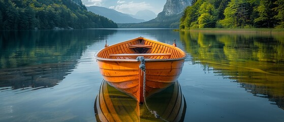 A tranquil lake with a rowboat floating on the water