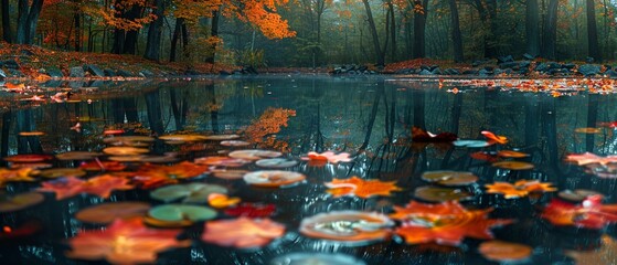 A tranquil pond reflecting the colors of autumn leaves.Professional photographer perspective