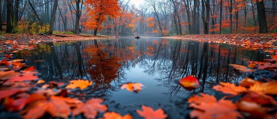 A tranquil pond surrounded by colorful autumn foliage.Professional photographer perspective