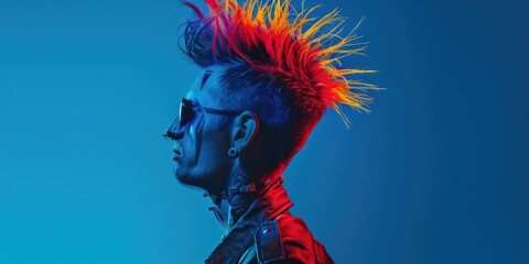 A man with a bold mohawk hairstyle. Suitable for hair salon promotions