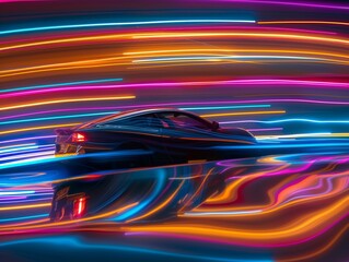 Dynamic image of a car in motion with colorful light streaks creating an abstract backdrop.