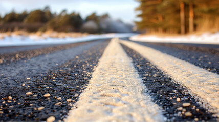 A road with a white line down the middle and a lot of snow on the ground