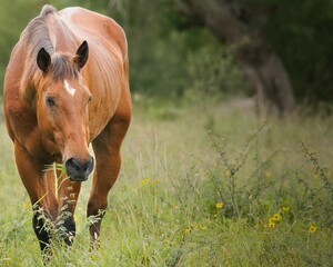 Brown horse grazing on the grass in a lush green field