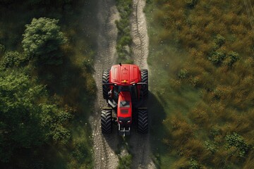 Vivid Red Farm Tractor: Aerial Perspective