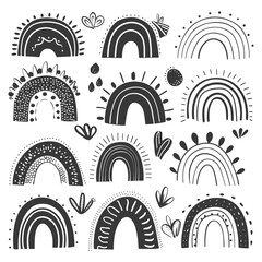 silhouette various rainbows doodle set hand drawn black color only