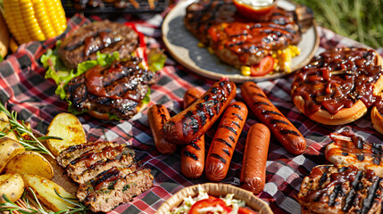 a mouthwatering assortment of grilled meats such as burgers, hot dogs, and barbecue chicken, accompanied by classic sides like coleslaw, potato salad, and corn on the cob