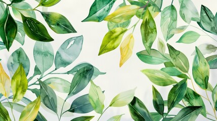 Close-up of a collection of watercolor greenery, showcasing the detailed strokes and shading of each leaf, set on a pure white canvas for maximum contrast