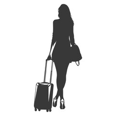 silhouette woman traveling with suitcase black color only