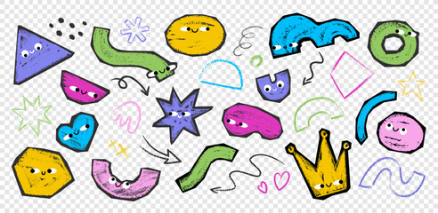 Sticker set of various cutout grunge crayon, charcoal, chalk abstract geometric shapes with face emotions. Cute funny characters in hand drawn trendy scribble style vector illustration for kids 