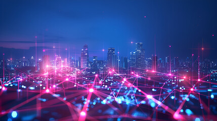 Obraz premium Abstract technology background with circuit board ,Modern cityscape and high tech connection concept ,Of Modern Night City With High Skyscrapers With Blue Lights And Trails, Communications And High 