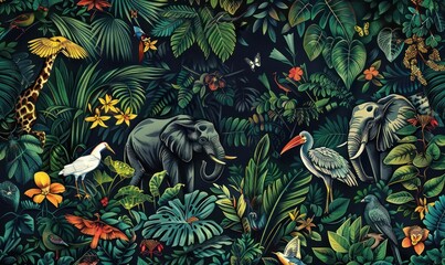 pattern with jungle trees and wild animals wallpaperr