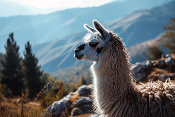 Naklejka premium A large white llama is standing in a field of grass and rocks
