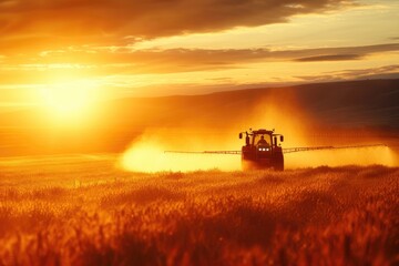 Fototapeta premium Golden Sunrise: Pesticide Application in Agriculture