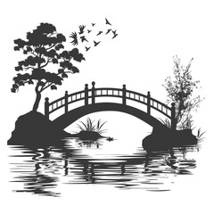 silhouette wooden bridge across the river full black color only