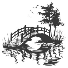 silhouette wooden bridge across the river full black color only