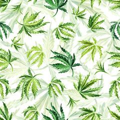 Cannabis leaf. Hand drawn watercolor seamless pattern isolated on white background
