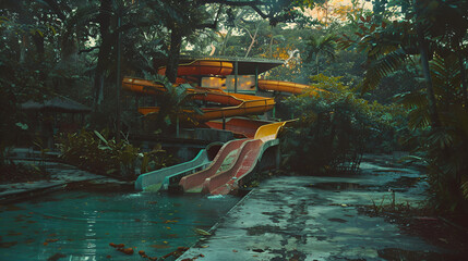 abandoned jungle waterpark, portrait of a great rodrunner, vibrant, evening