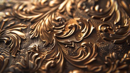 Close-up image of an embossed bronze pattern, showcasing intricate designs that are pressed into the metal, creating a rich, textured surface that catches the light beautifully