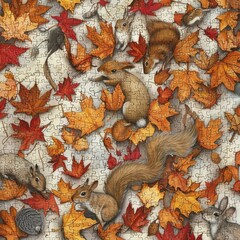 Obraz premium Whimsical Woodland Creatures Frolicking Amidst a Carpet of Fallen Autumn Leaves in a Cozy Forest Scene