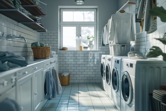 A laundry room with essential appliances. Ideal for household and cleaning themes