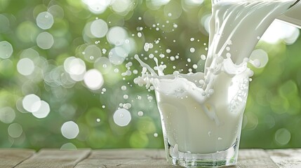 A glass of milk is pouring from the top onto a wooden table in front of a blurred natural background.