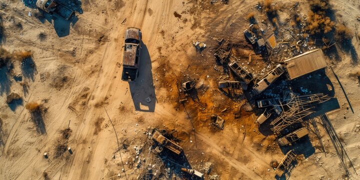 Dramatic Desert Disaster: Aerial View of Military Convoys in Flames