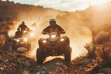 Friends embark on an off-road adventure, navigating rugged terrain with quad bikes, ATVs, and UTV vehicles, creating memories of thrilling outdoor exploration - Powered by Adobe