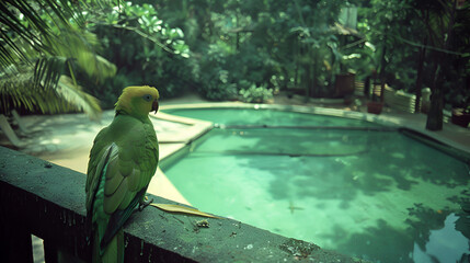 abandoned jungle waterpark, parrot on path and looking into swimming pool