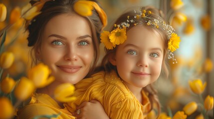 Blond woman and little girl with yellow flowers, sharing happy smiles in field