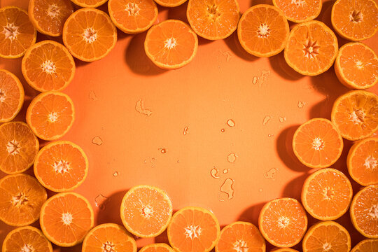 Close up of cut tangerine halves
