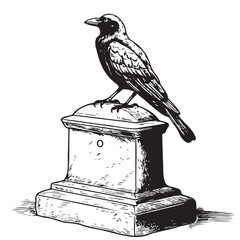 Obraz premium Black raven on tombston sketch hand drawn in doodle style Vector illustration Cartoon