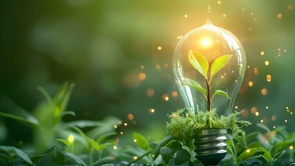 A Young Tree Growing Inside a Light Bulb Against a Dark Green Background. Concept Nature, Sustainability, Growth, Innovation, Creativity