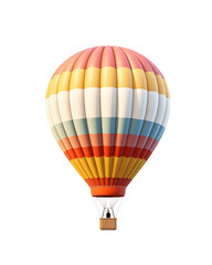 A vibrant hot air balloon, with colorful stripes, floating gracefully, basket attached, against a white background. Generative AI