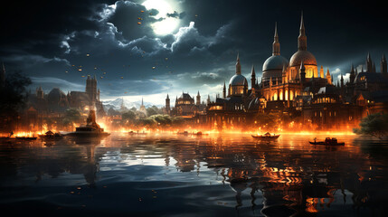 Obraz premium Night landscape with Islamic city skyline with mosque and minarets.