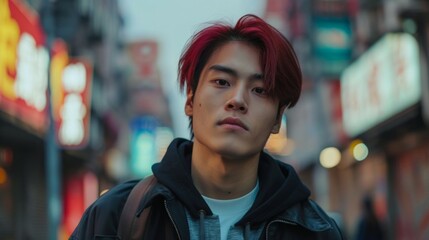 Fototapeta premium Teen Chinese Man with Red Straight Hair 1990s style Illustration.