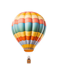 A vibrant hot air balloon, with colorful stripes, floating gracefully, basket attached, against a white background. Generative AI